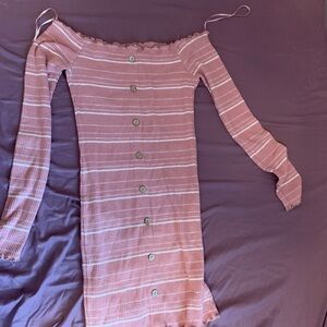 Pink Striped Off-Shoulder Button Midi Dress